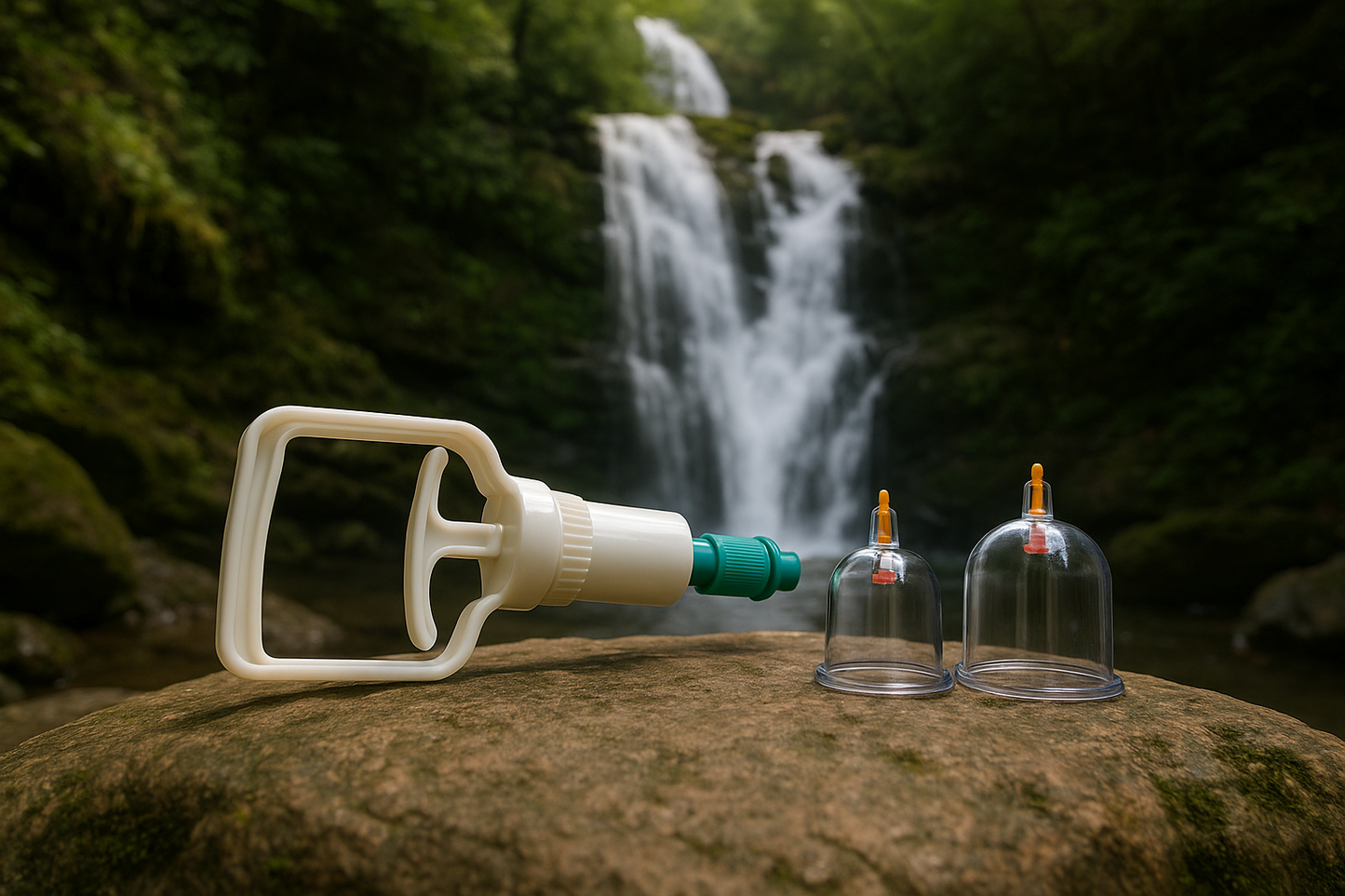 make a Manual Hijama Cupping Pump near a waterfall