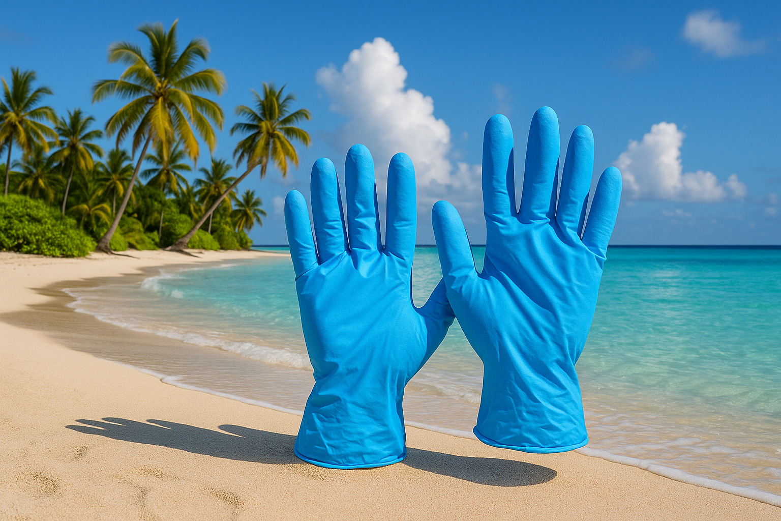 make blue Nitrile Gloves on an island surrounded by the ocean